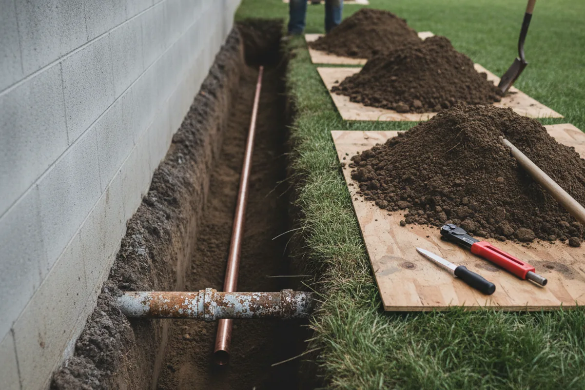 Excavated water line trench during Sewer Line Repair in Lee